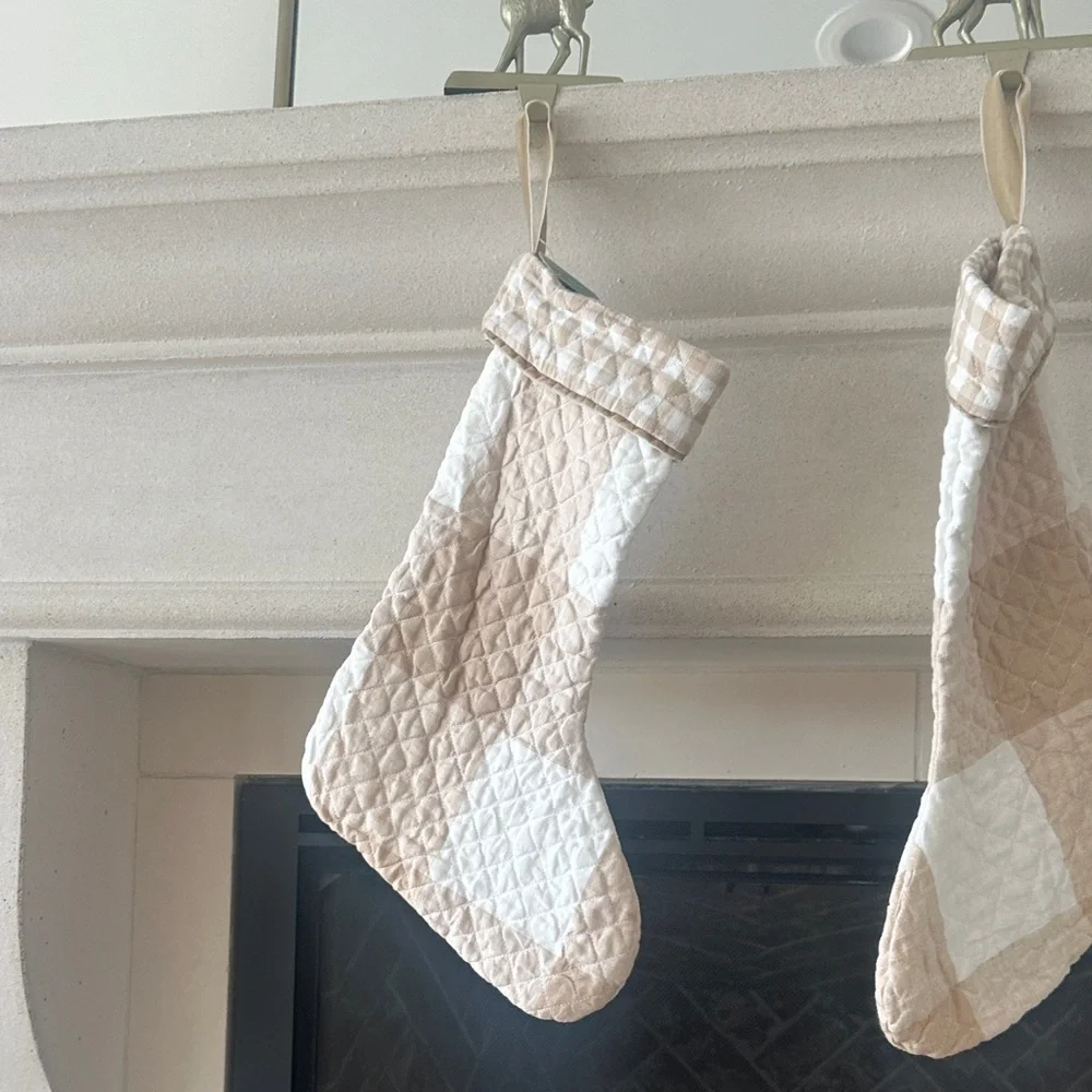 West elm gingham Tan and White Quilted Holiday Stocking NWT Heather Taylor Home